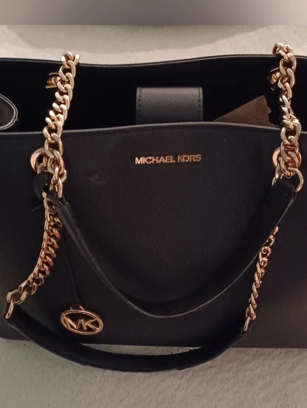 Michael Kors Large Black Tote Shoulder Bag Gold Chain Strap MK Charm Zip Snap
